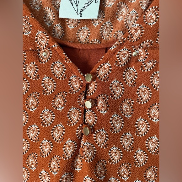 Janet Chung Orange Abstract Print Blouse Gold Buttons Women's SZ Large - Picture 4 of 8